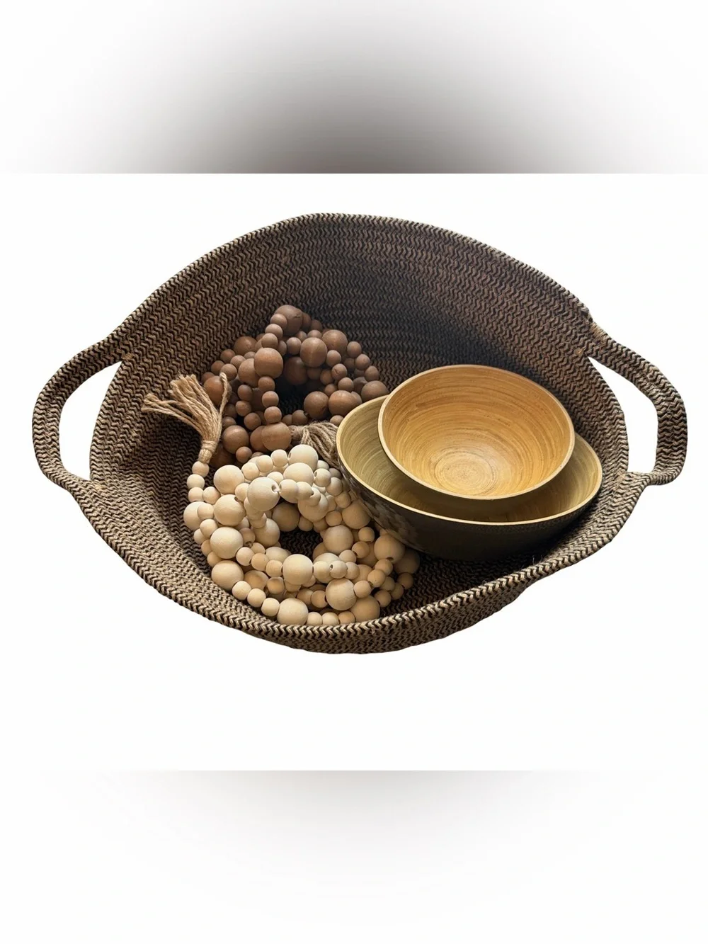 Decor Set. Large Soft Sided Basket, 2 Wood/Gray Bowls. 2 Wooden Bead Garlands.